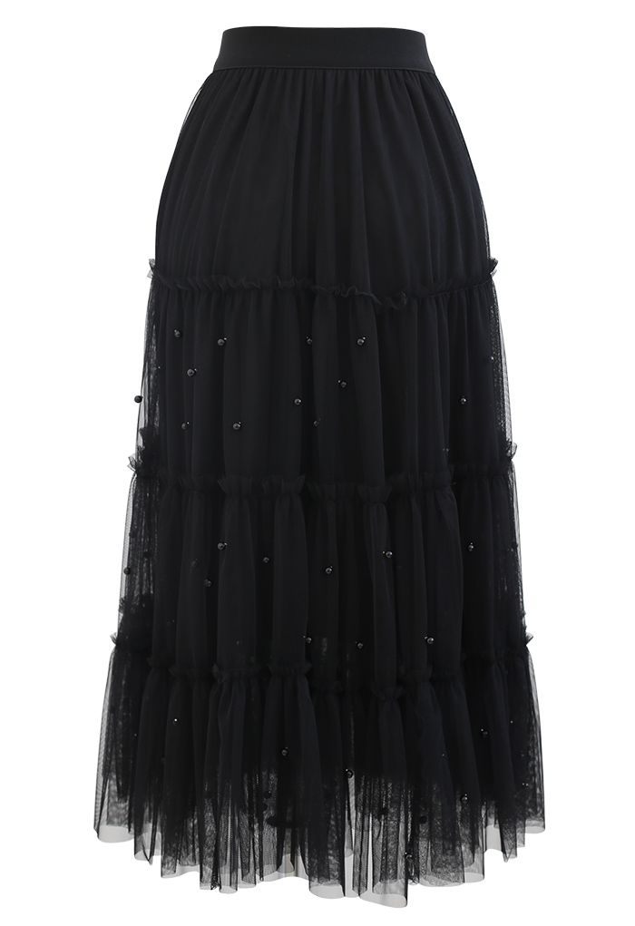 Falda de malla de tul de doble capa con ribete de cuentas en negro