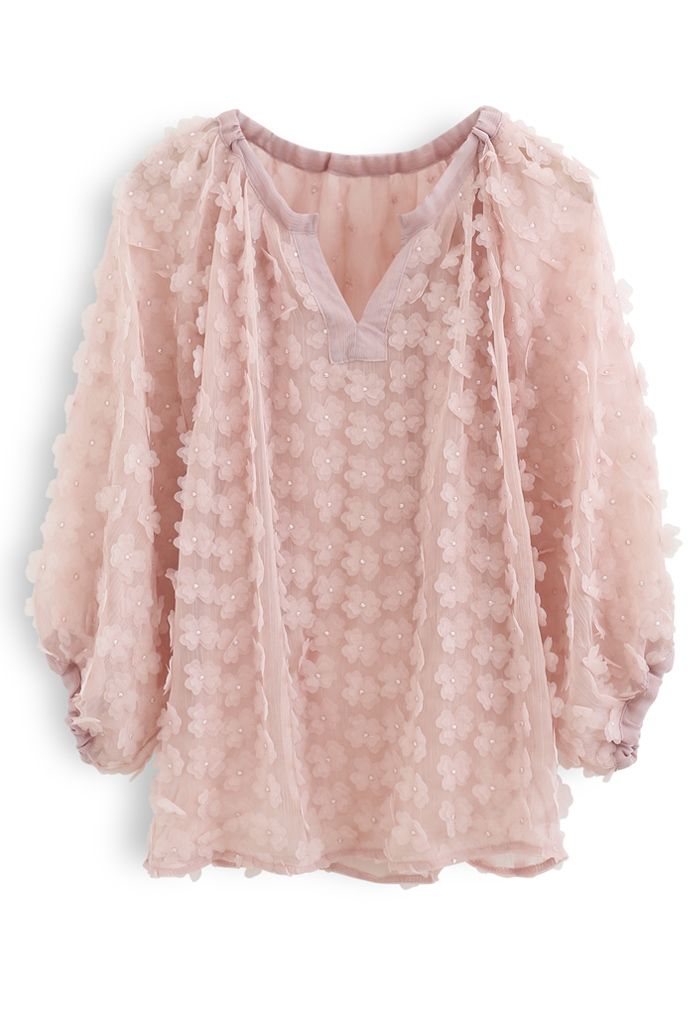 Top transparente con cuello en V y mangas abullonadas en rosa de 3D Clover