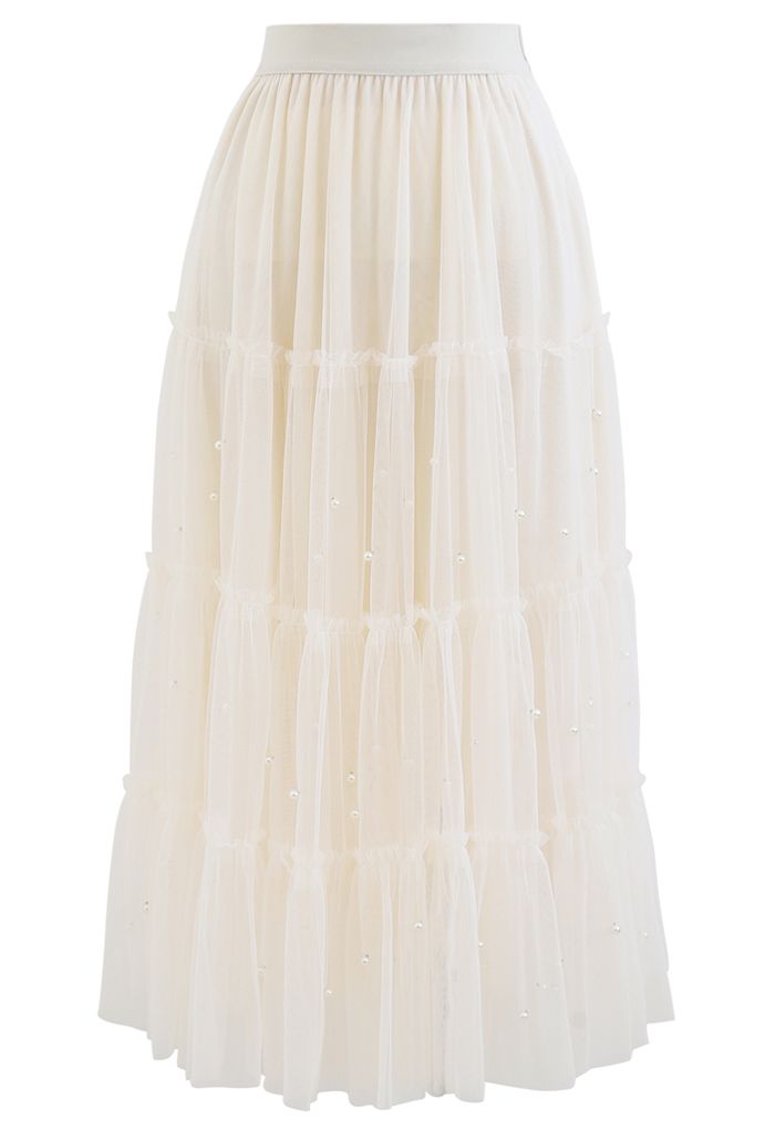 Falda de malla de tul de doble capa con ribete de cuentas en color crema