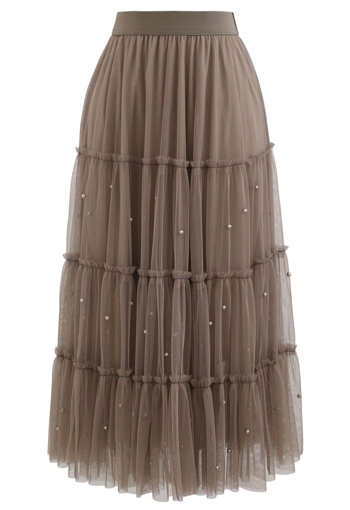 Falda de malla de tul de doble capa con ribete de cuentas en marrón