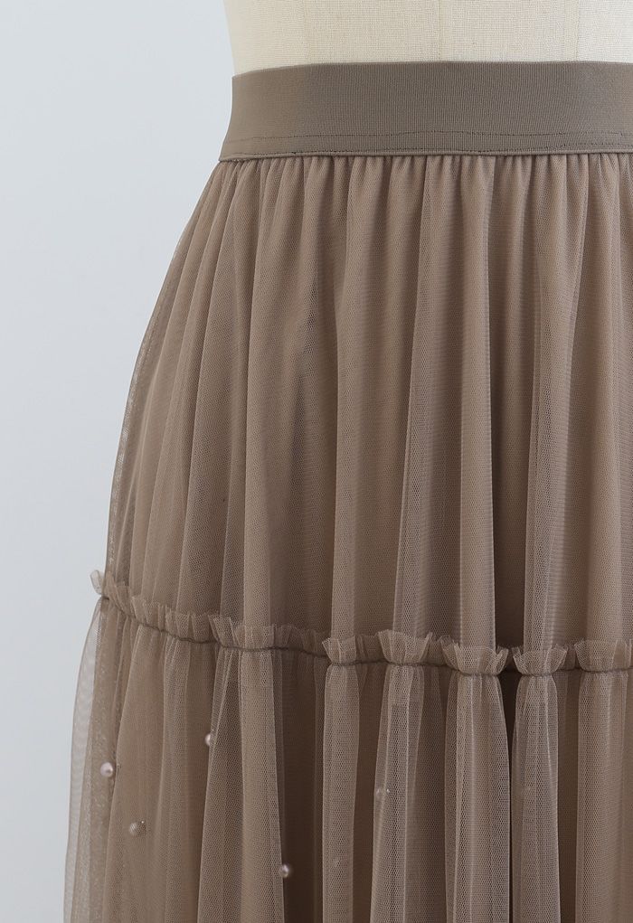 Falda de malla de tul de doble capa con ribete de cuentas en marrón