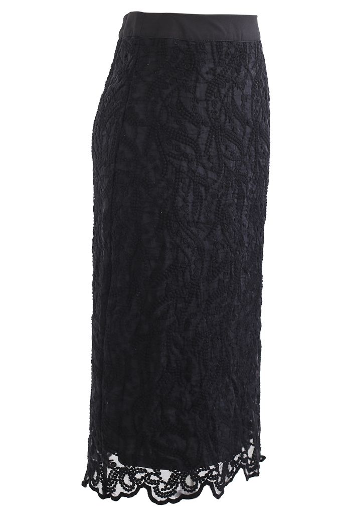 Falda de tubo de organza bordada Vine en negro