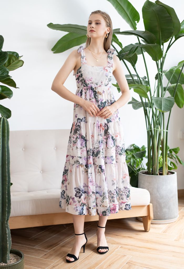 Vestido largo con tirantes y estampado de flores de acuarela