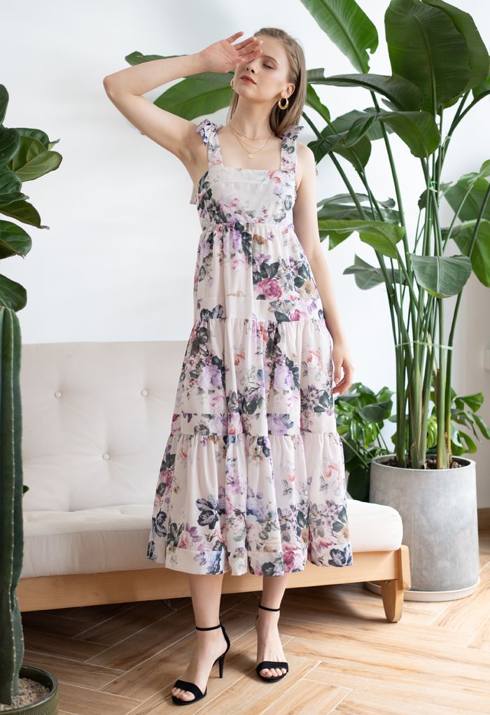 Vestido largo con tirantes y estampado de flores de acuarela