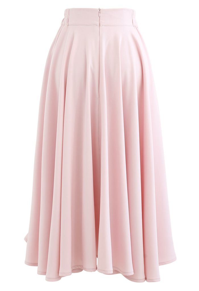 Falda midi acampanada con cintura elástica en color liso en rosa