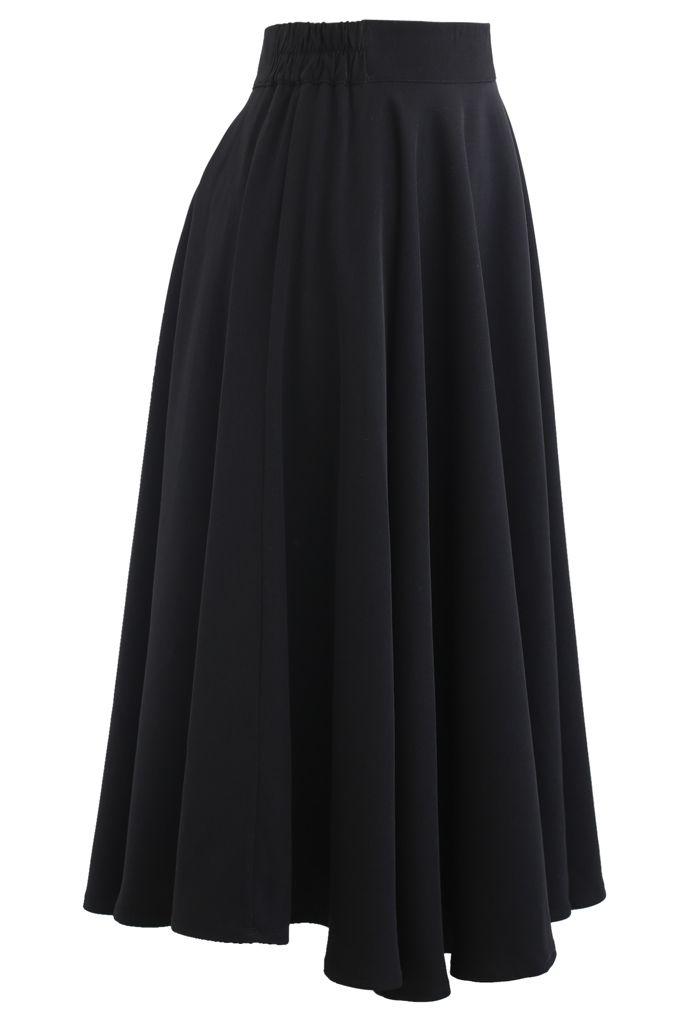 Falda midi acampanada con cintura elástica en color liso en negro