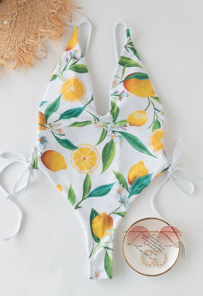 Bañador con cordones y estampado de limones