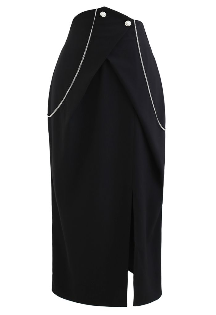 Falda de tubo dividida con ribete de perlas y cadena en negro