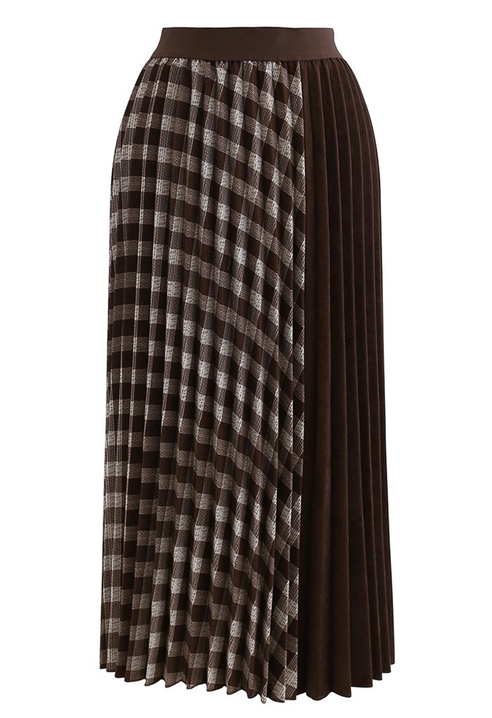 Falda midi plisada de pana a cuadros en marrón