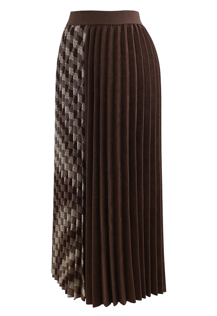 Falda midi plisada de pana a cuadros en marrón