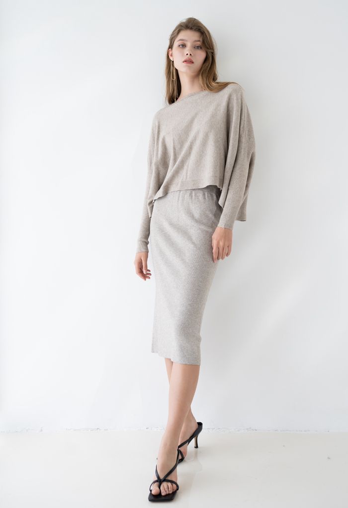 High Waist Ribbed Knit Pencil Skirt in Sand