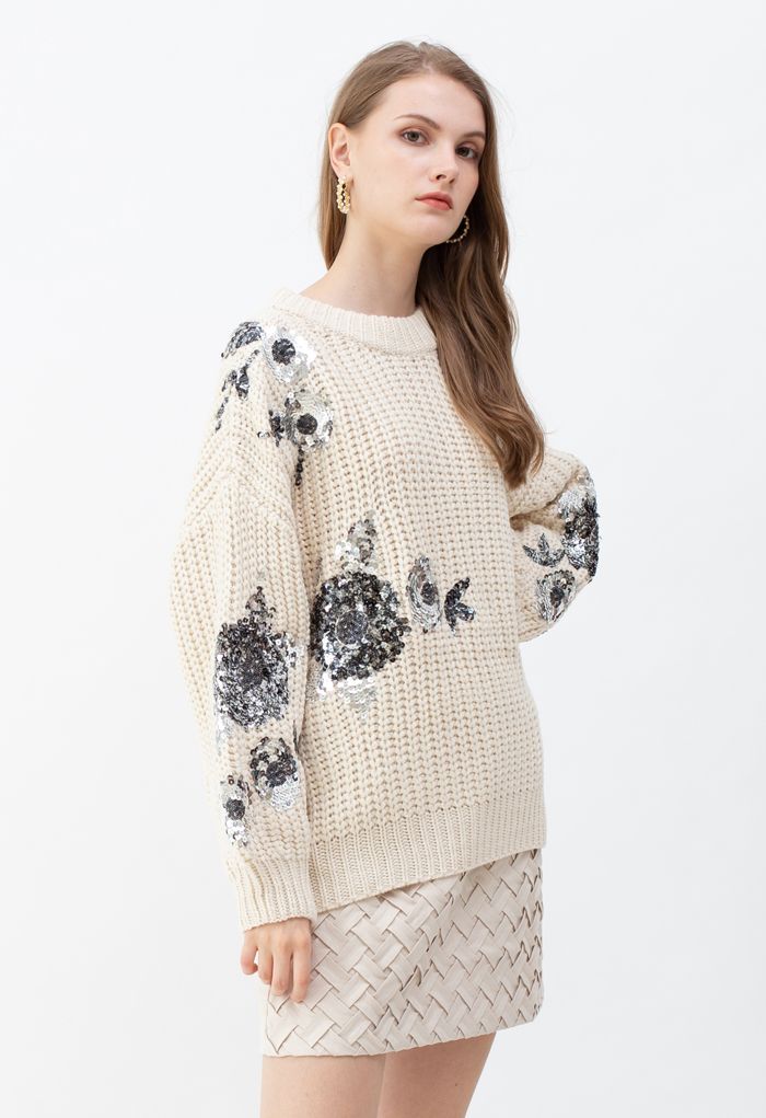 Suéter de punto grueso acanalado floral con lentejuelas en marfil