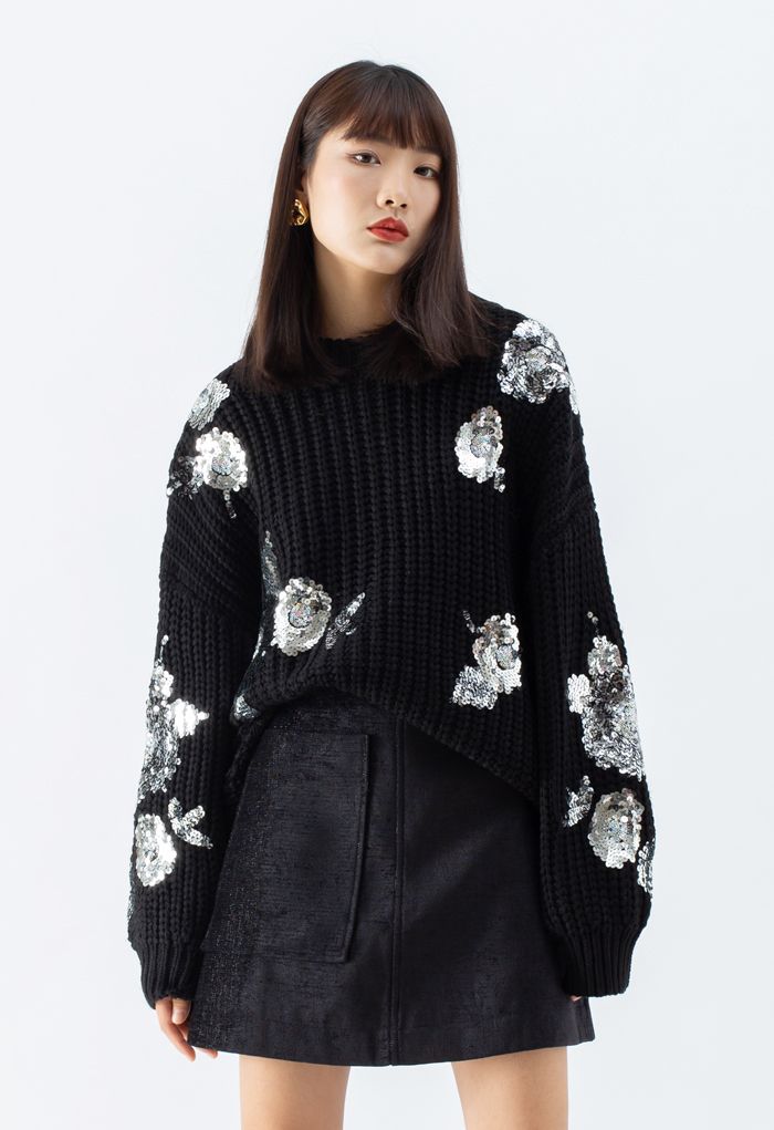 Suéter de punto grueso acanalado floral con lentejuelas en negro