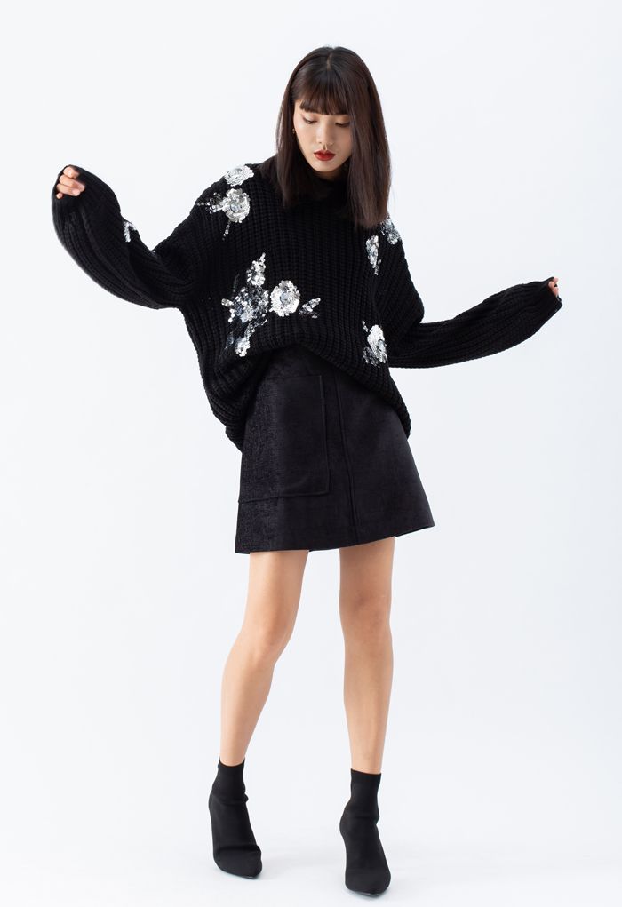 Suéter de punto grueso acanalado floral con lentejuelas en negro