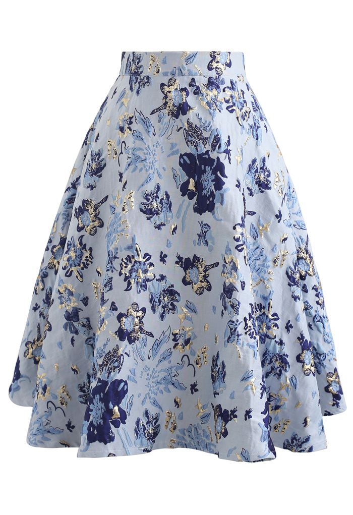 Falda midi de jacquard con estampado floral azul