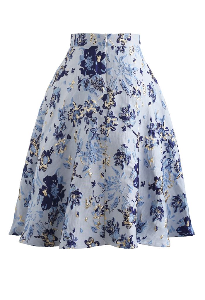 Falda midi de jacquard con estampado floral azul