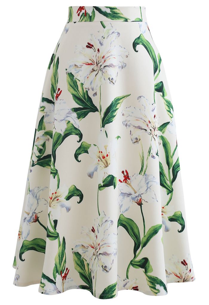 Preciosa falda a media pierna con estampado floral en verde