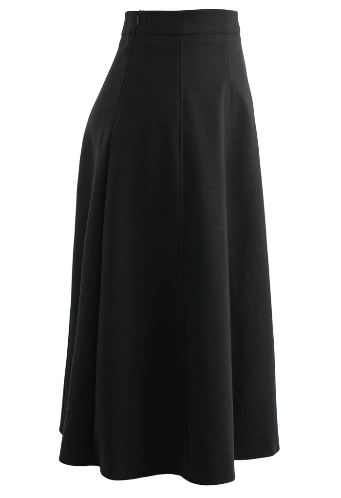 Falda midi de mezcla de lana en color liso en negro