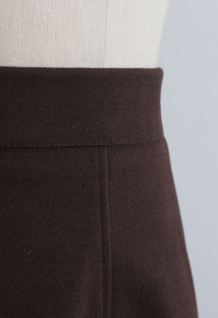 Falda midi de mezcla de lana en color liso en marrón