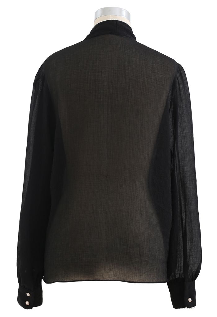 Camisa semitransparente con ribete de perlas Bowknot en negro
