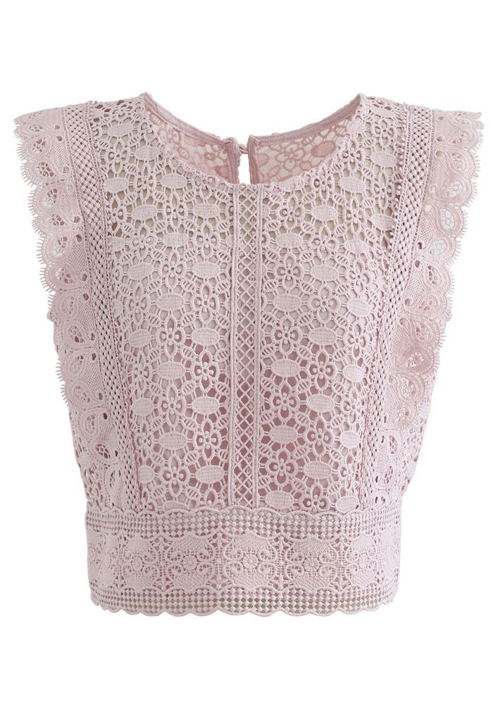 Top corto sin mangas con encaje de crochet en rosa polvoriento