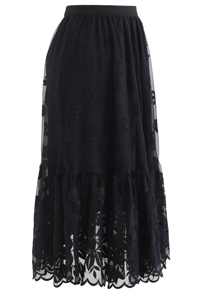 Falda midi de organza floral bordada en negro