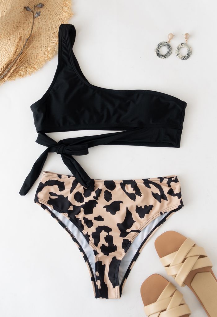 Conjunto de bikini anudado de un solo hombro con estampado de leopardo