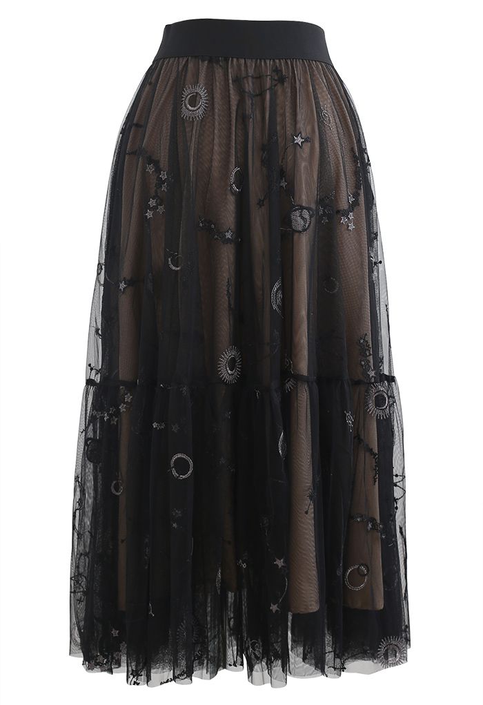 Falda de tul de malla bordada Universe en negro