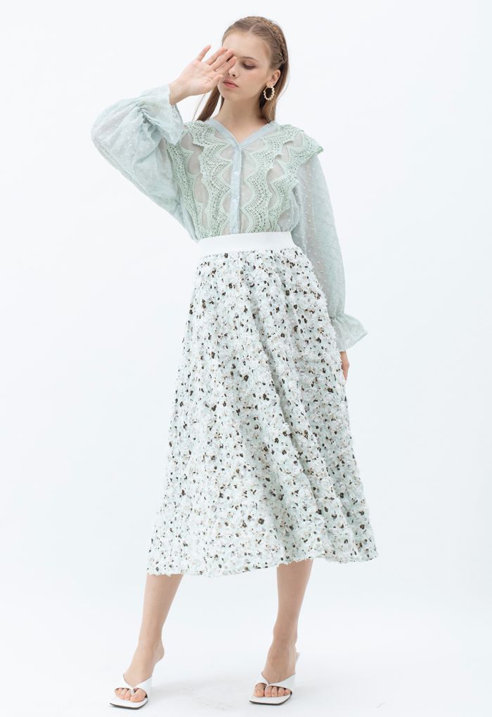 Falda midi con estampado floral y apliques 3D en menta