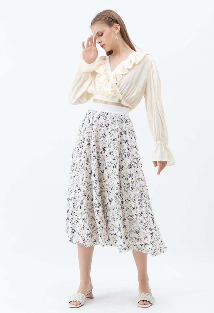 Falda midi con estampado floral y apliques 3D en blanco