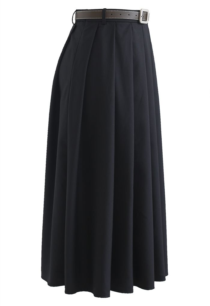 Falda midi plisada con cinturón clásica en negro