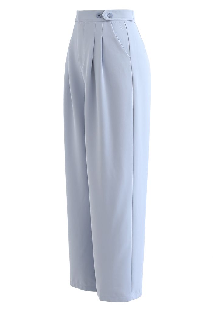 Pantalones de pierna recta con cintura abotonada en azul polvoriento