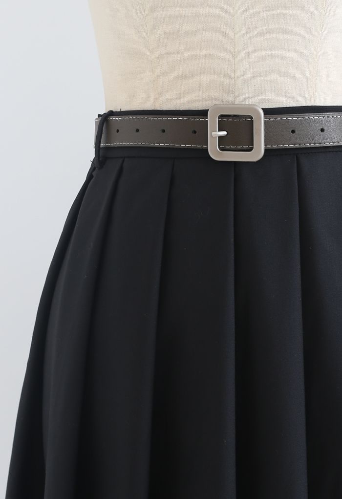 Falda midi plisada con cinturón clásica en negro