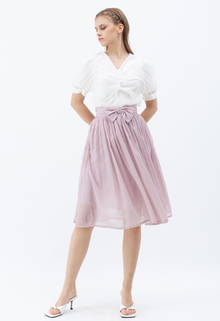 Falda midi plisada de gasa con lazo en la cintura en rosa