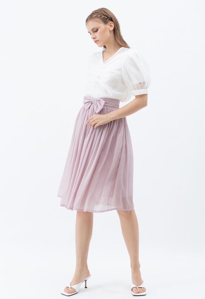 Falda midi plisada de gasa con lazo en la cintura en rosa