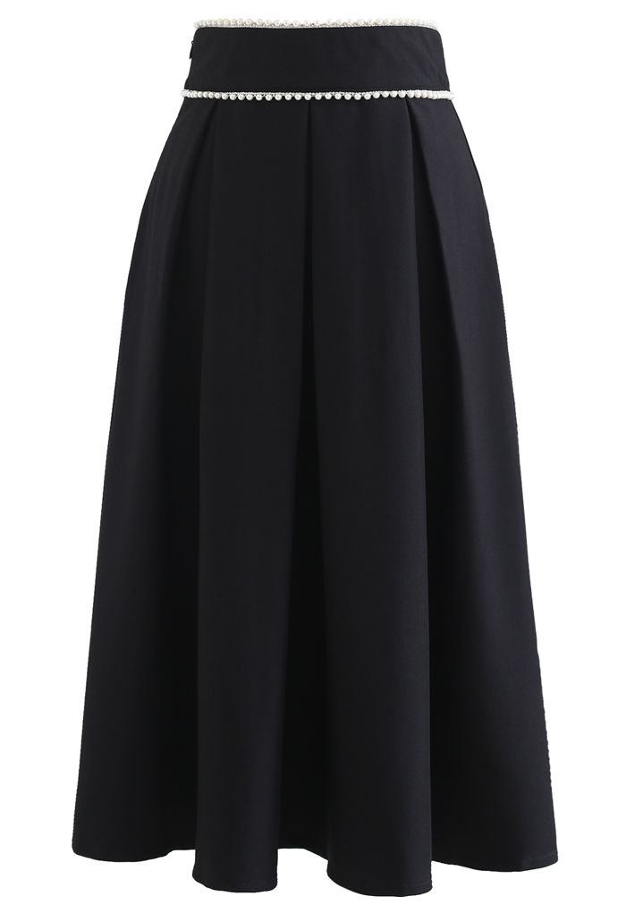 Falda midi plisada con cintura nacarada en negro