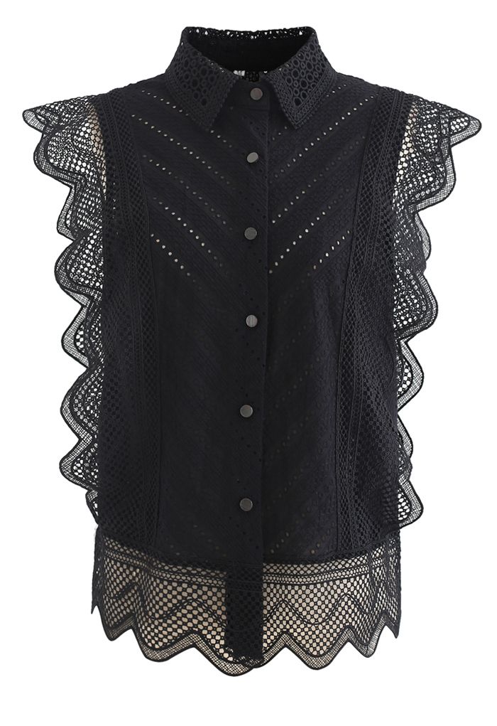 Camisa sin mangas bordada con ojales de encaje ondulado en negro