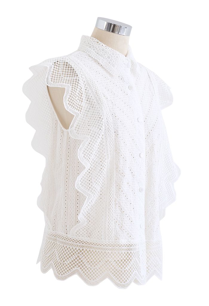 Camisa sin mangas bordada con ojales de encaje ondulado en blanco