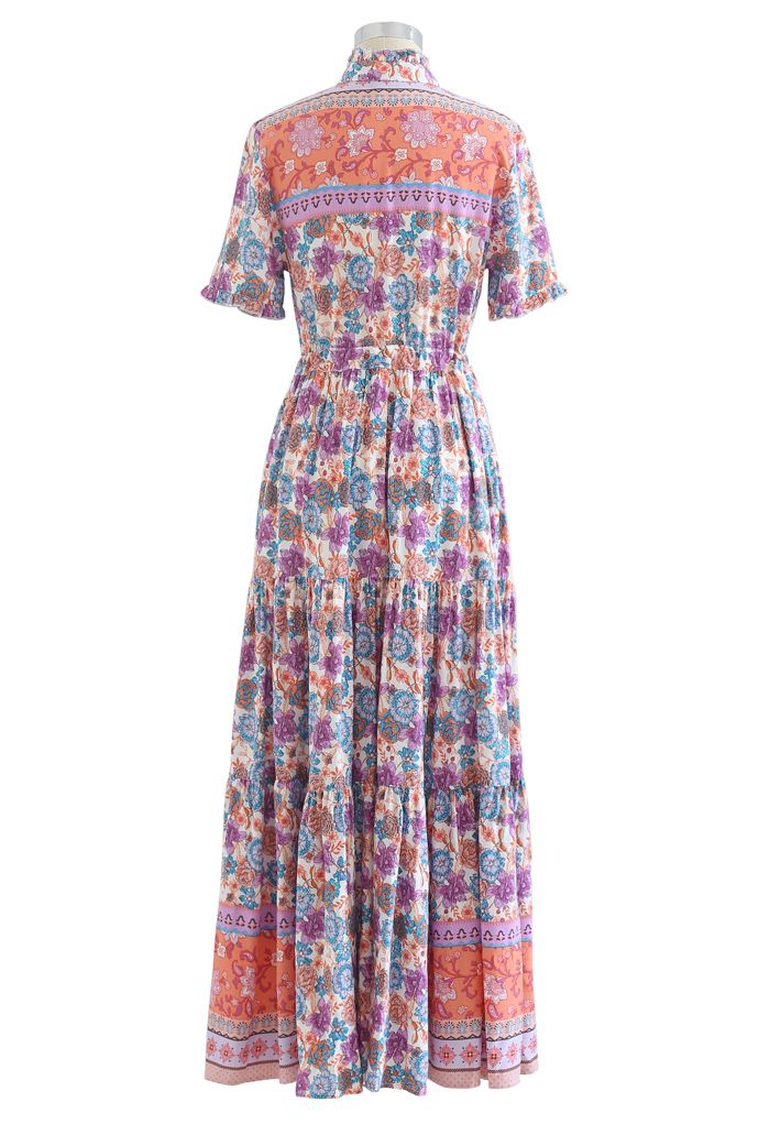 Vestido maxi bohemio con botones florales en la cintura con cordón en lila