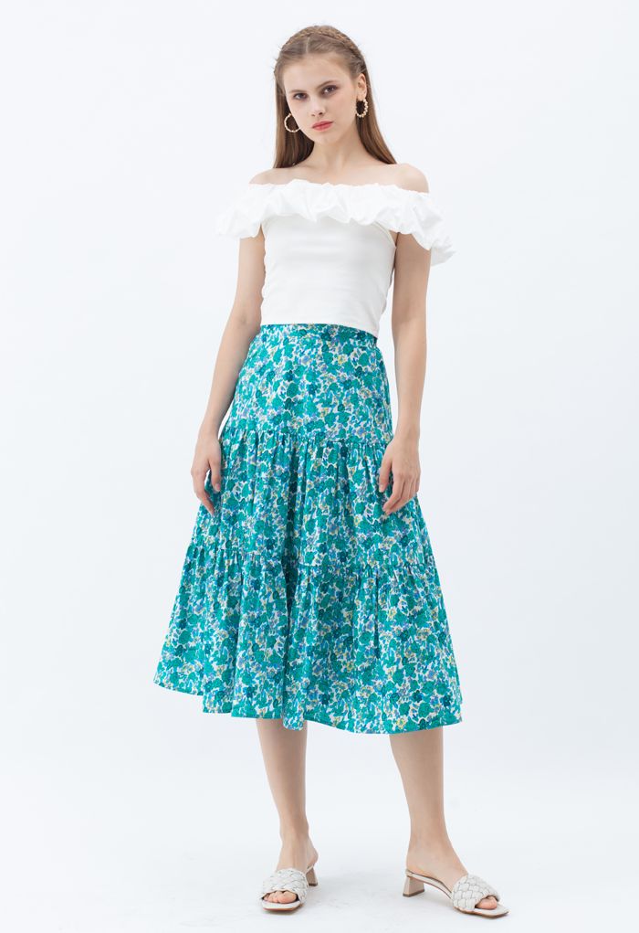 Falda de algodón con volantes de flores verdes