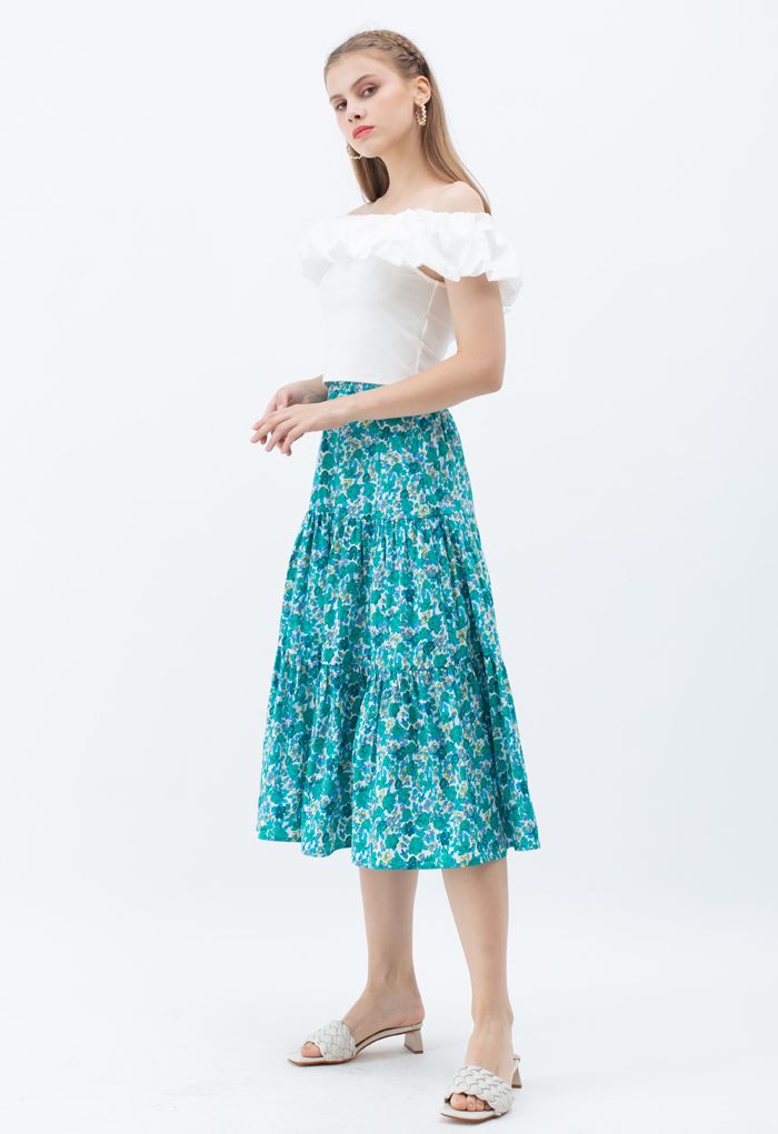 Falda de algodón con volantes de flores verdes