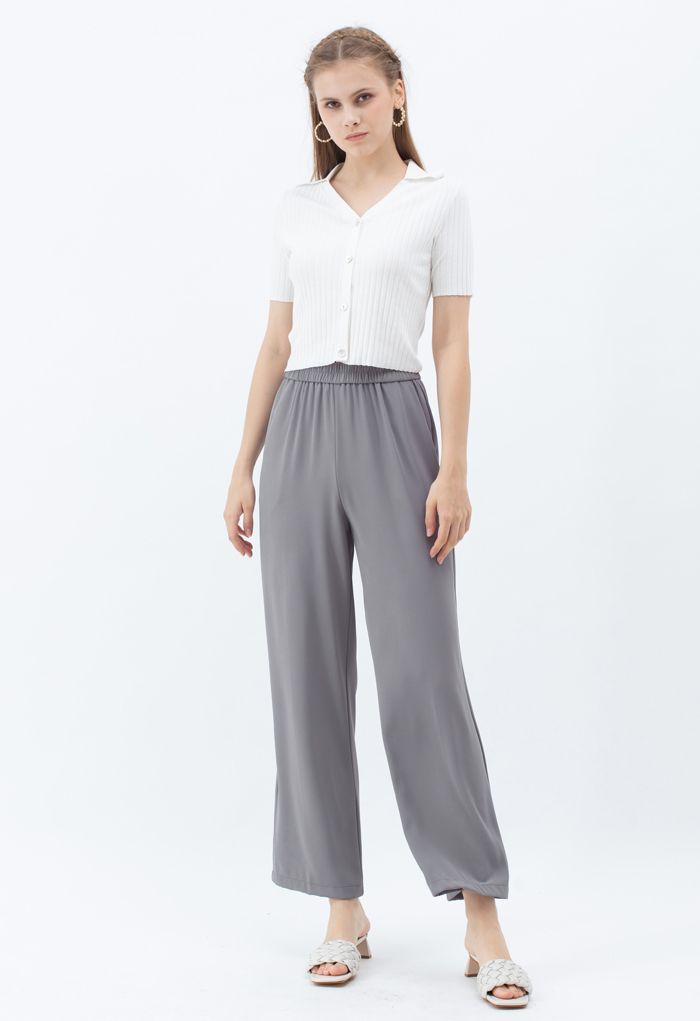 Pantalones rectos con cintura elástica en gris