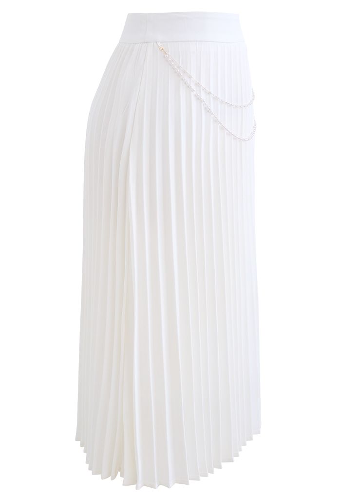 Falda midi plisada con cadena drapeada en blanco