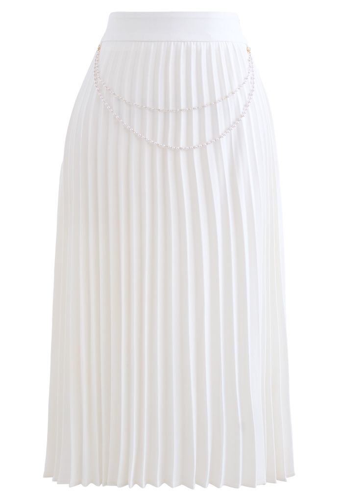 Falda midi plisada con cadena drapeada en blanco