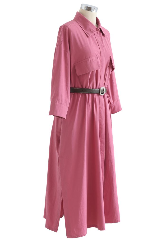 Vestido camisero de algodón con cinturón y botones en rosa
