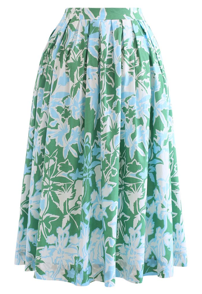 Falda midi plisada con estampado floral de verano en verde