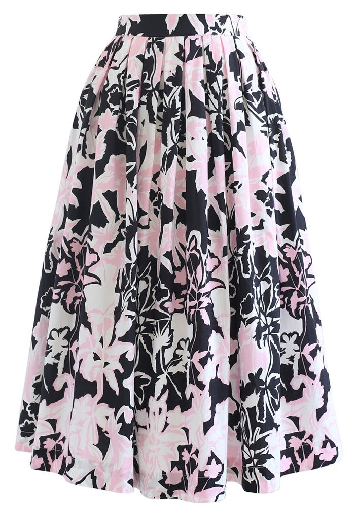 Falda midi plisada con estampado floral de verano en negro