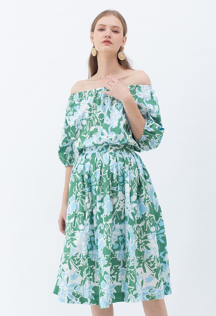 Falda midi plisada con estampado floral de verano en verde
