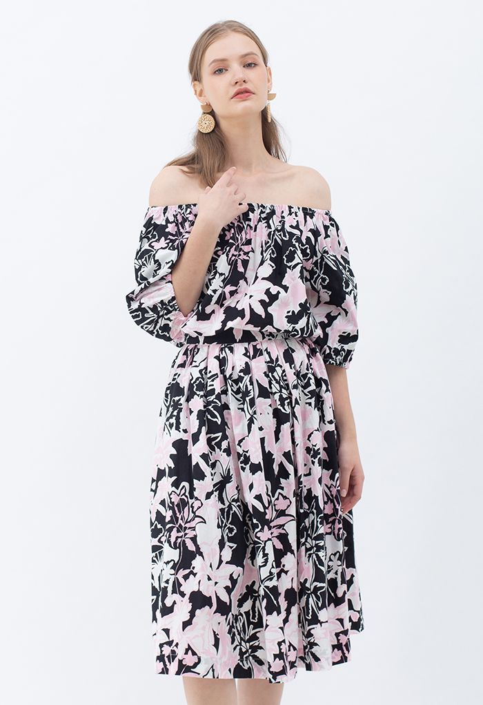 Falda midi plisada con estampado floral de verano en negro