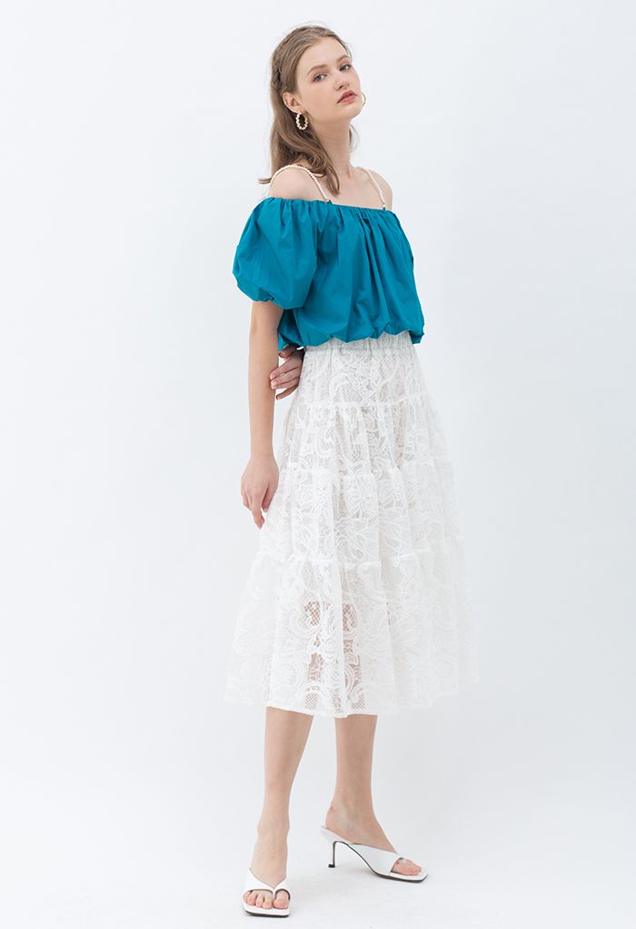 Falda con volantes de malla de crochet floral blanca